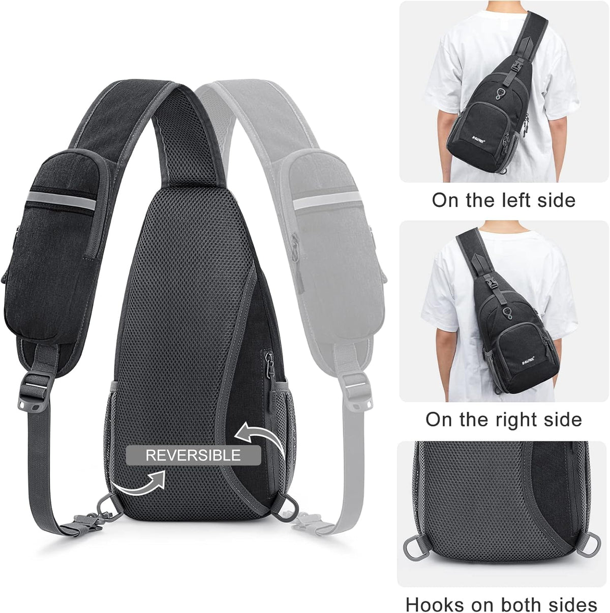 RFID Sling Bag Crossbody Backpack Small Chest Shoulder Bag Hiking Outdoor | Water-Resistant polyester Material, Size: 7.5 x 4 x 15 Inches, Travel, Sports, Reversible and Breathable Shoulder Strap