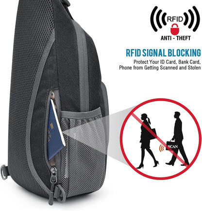RFID Sling Bag Crossbody Backpack Small Chest Shoulder Bag Hiking Outdoor | Water-Resistant polyester Material, Size: 7.5 x 4 x 15 Inches, Travel, Sports, Reversible and Breathable Shoulder Strap
