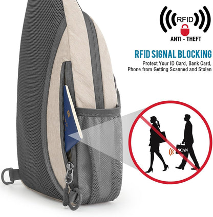 RFID Sling Bag Crossbody Backpack Small Chest Shoulder Bag Hiking Outdoor | Water-Resistant polyester Material, Size: 7.5 x 4 x 15 Inches, Travel, Sports, Reversible and Breathable Shoulder Strap