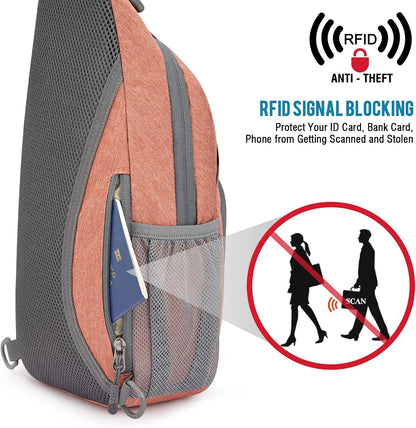 RFID Sling Bag Crossbody Backpack Small Chest Shoulder Bag Hiking Outdoor | Water-Resistant polyester Material, Size: 7.5 x 4 x 15 Inches, Travel, Sports, Reversible and Breathable Shoulder Strap