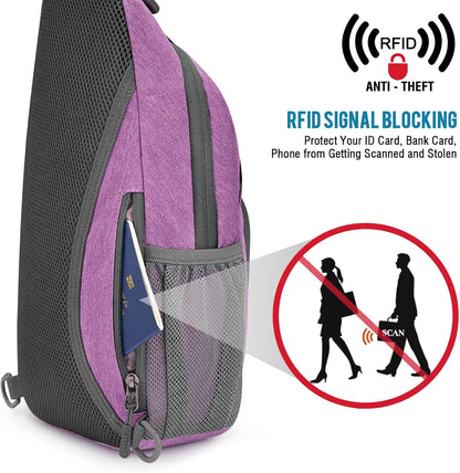 RFID Sling Bag Crossbody Backpack Small Chest Shoulder Bag Hiking Outdoor | Water-Resistant polyester Material, Size: 7.5 x 4 x 15 Inches, Travel, Sports, Reversible and Breathable Shoulder Strap