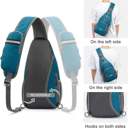 RFID Sling Bag Crossbody Backpack Small Chest Shoulder Bag Hiking Outdoor | Water-Resistant polyester Material, Size: 7.5 x 4 x 15 Inches, Travel, Sports, Reversible and Breathable Shoulder Strap