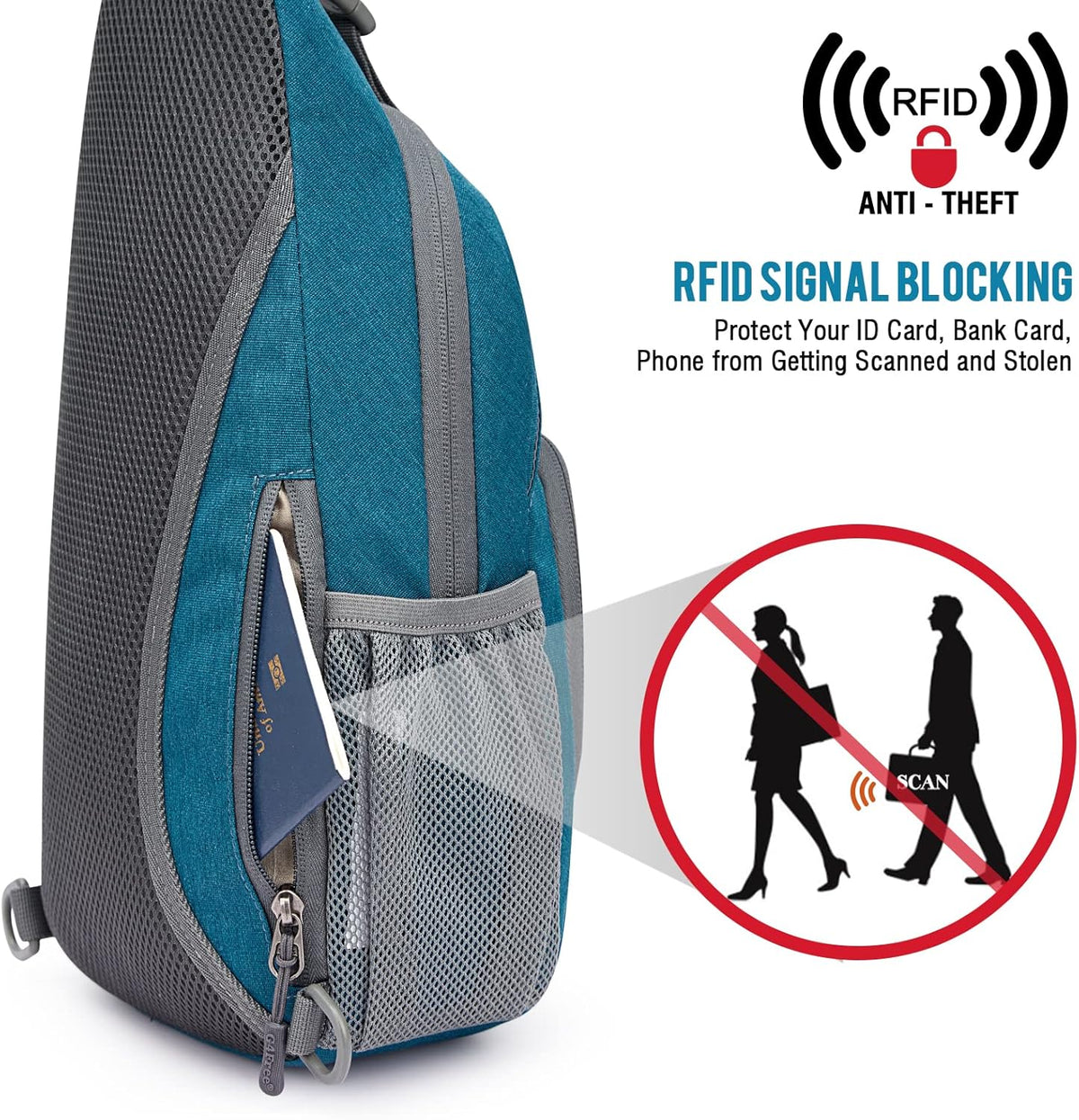 RFID Sling Bag Crossbody Backpack Small Chest Shoulder Bag Hiking Outdoor | Water-Resistant polyester Material, Size: 7.5 x 4 x 15 Inches, Travel, Sports, Reversible and Breathable Shoulder Strap