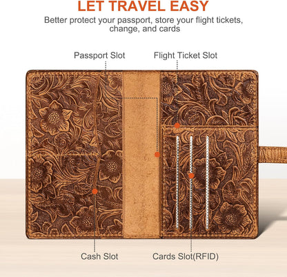 Genuine Leather Passport Holder Travel Bifold Wallet For Men And Women Slim RFID Blocking Brown