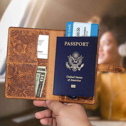 Genuine Leather Passport Holder Travel Bifold Wallet For Men And Women Slim RFID Blocking Brown