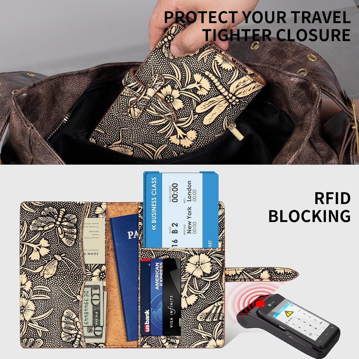 Genuine Leather Passport Holder Travel Bifold Wallet For Men And Women Slim RFID Blocking Brown