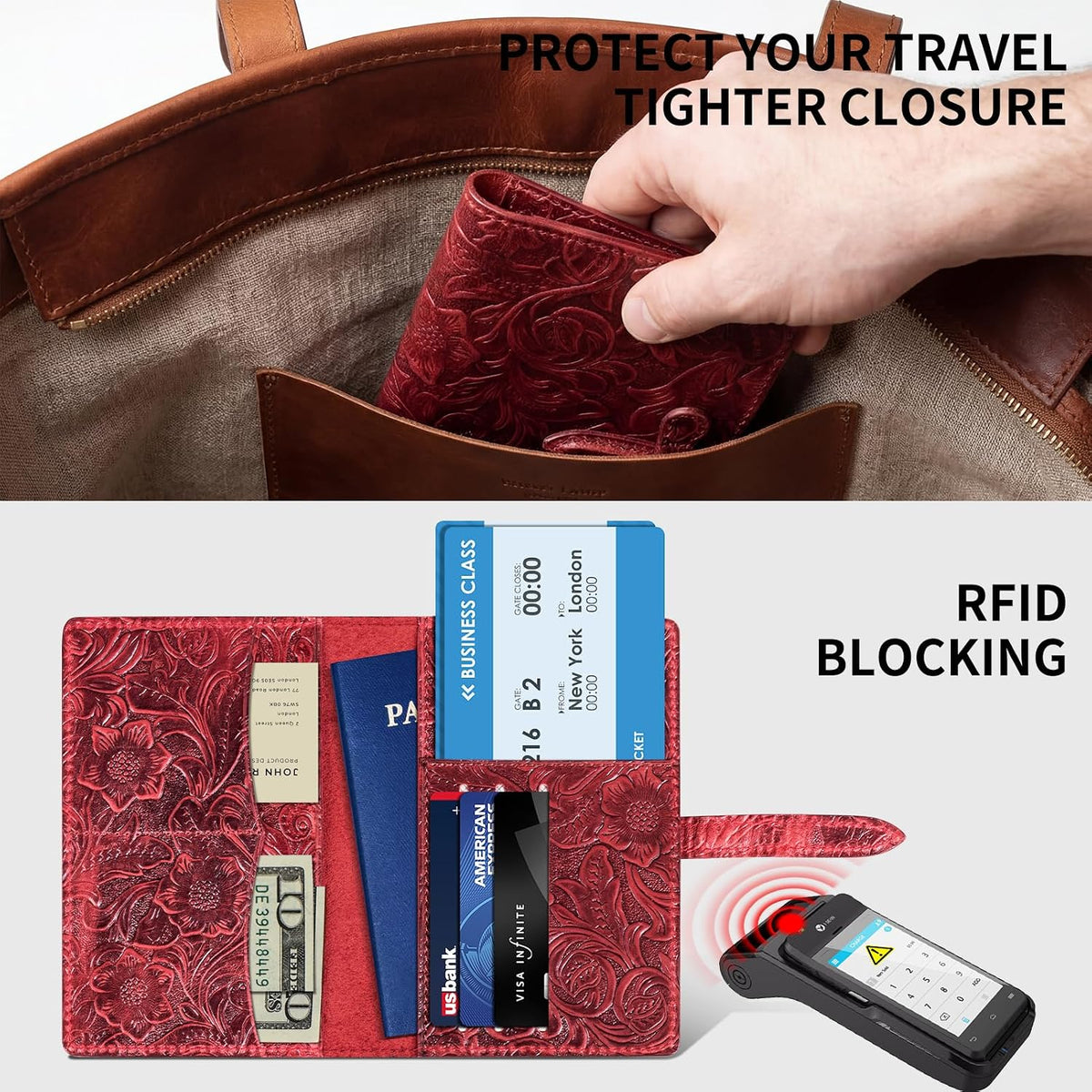 Genuine Leather Passport Holder Travel Bifold Wallet For Men And Women Slim RFID Blocking Brown