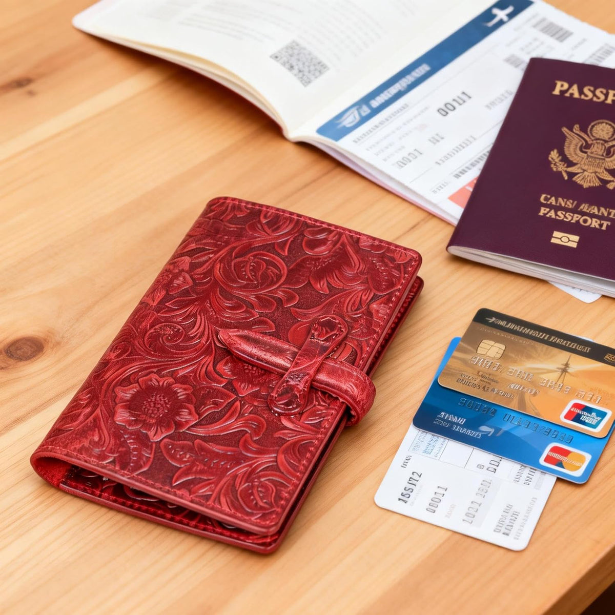 Genuine Leather Passport Holder Travel Bifold Wallet For Men And Women Slim RFID Blocking Brown