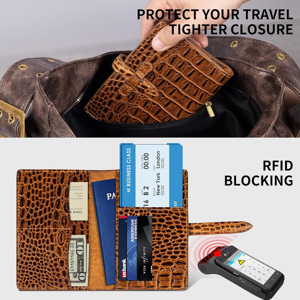 Genuine Leather Passport Holder Travel Bifold Wallet For Men And Women Slim RFID Blocking Brown