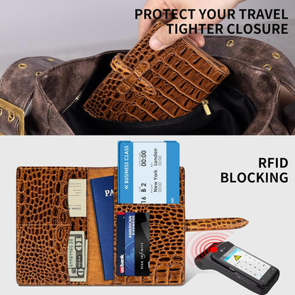 Genuine Leather Passport Holder Travel Bifold Wallet For Men And Women Slim RFID Blocking Brown
