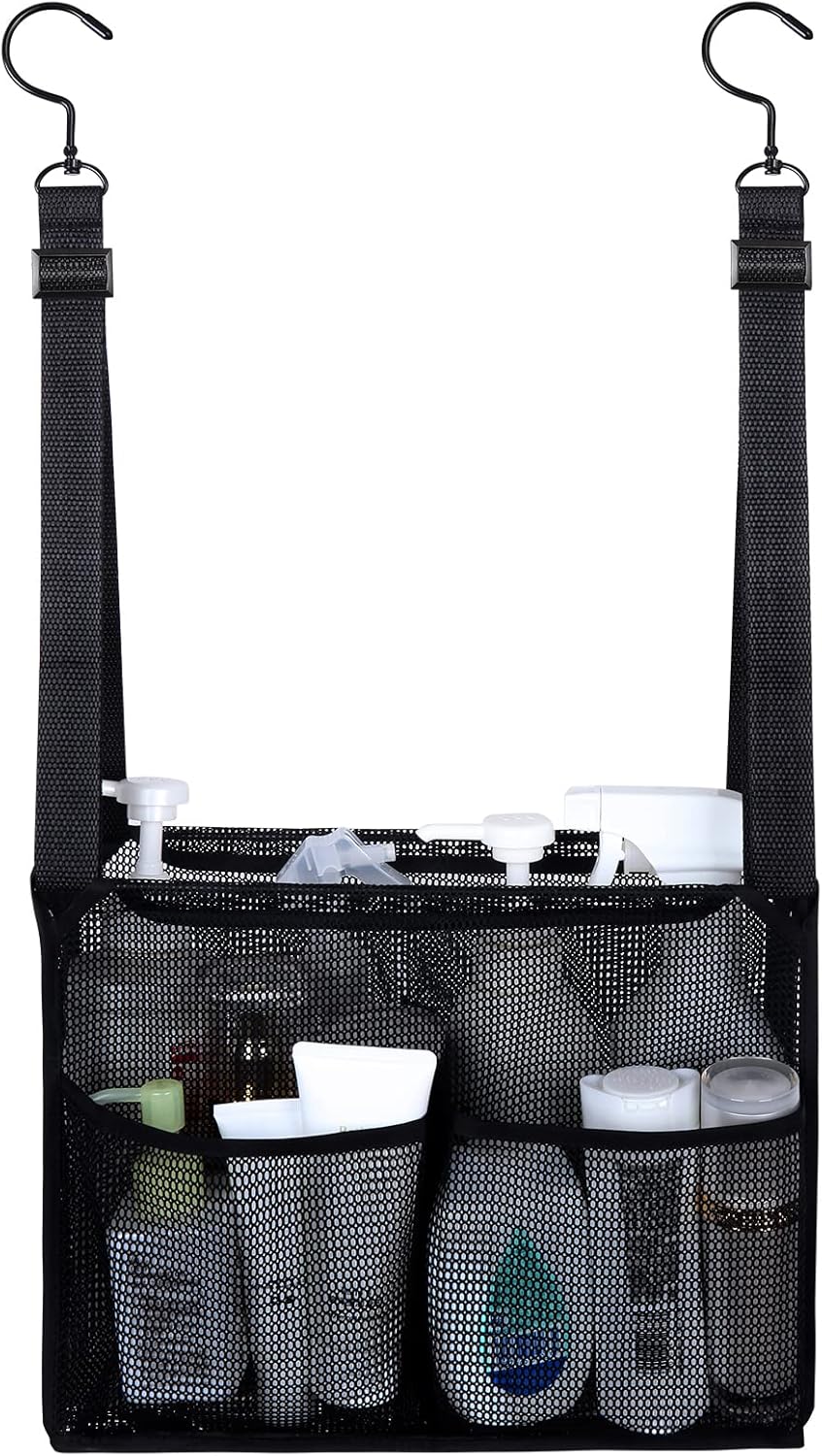 4 Storage Pockets Adjustable Hanging Mesh Bathroom Bag, Shower Caddy College with Hooks, Applied to College Dorm Rooms, Gym, Swimming and RV Travel (White)