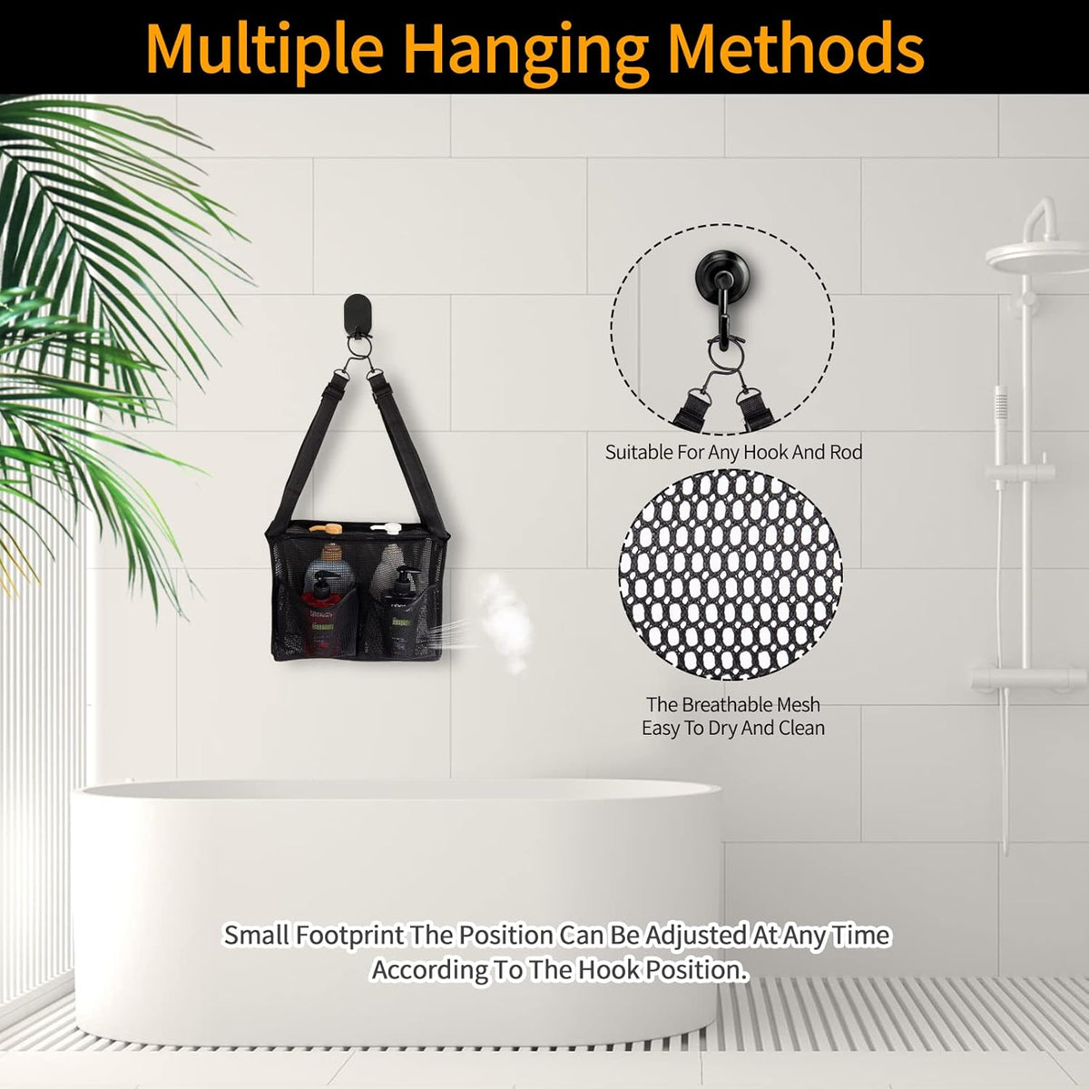 4 Storage Pockets Adjustable Hanging Mesh Bathroom Bag, Shower Caddy College with Hooks, Applied to College Dorm Rooms, Gym, Swimming and RV Travel (White)