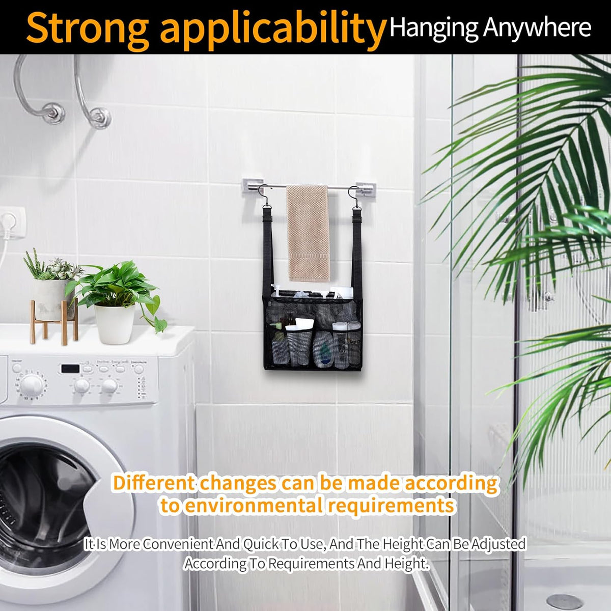 4 Storage Pockets Adjustable Hanging Mesh Bathroom Bag, Shower Caddy College with Hooks, Applied to College Dorm Rooms, Gym, Swimming and RV Travel (White)