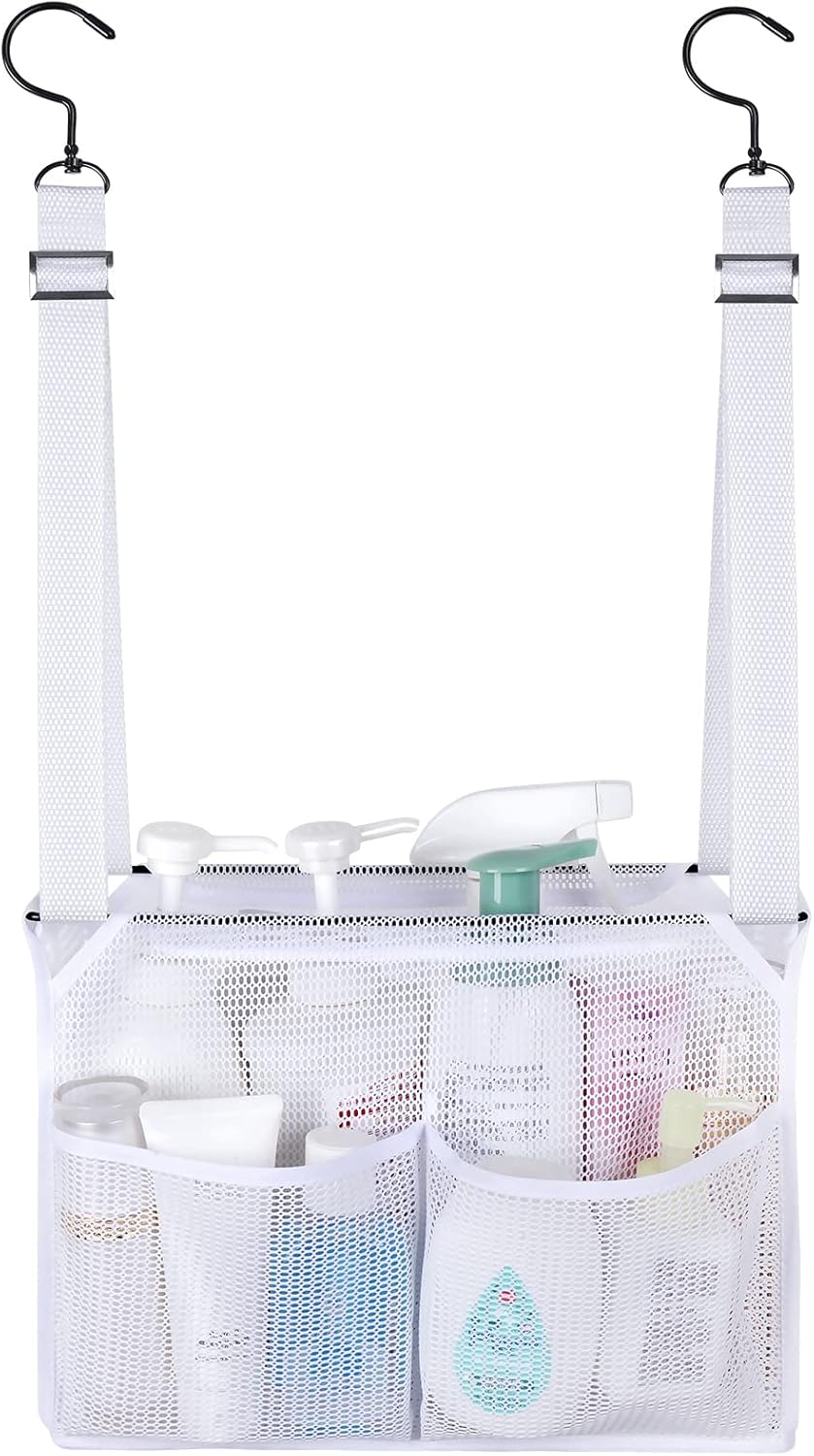 4 Storage Pockets Adjustable Hanging Mesh Bathroom Bag, Shower Caddy College with Hooks, Applied to College Dorm Rooms, Gym, Swimming and RV Travel (White)