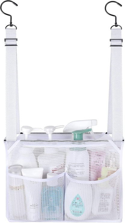 4 Storage Pockets Adjustable Hanging Mesh Bathroom Bag, Shower Caddy College with Hooks, Applied to College Dorm Rooms, Gym, Swimming and RV Travel (White)