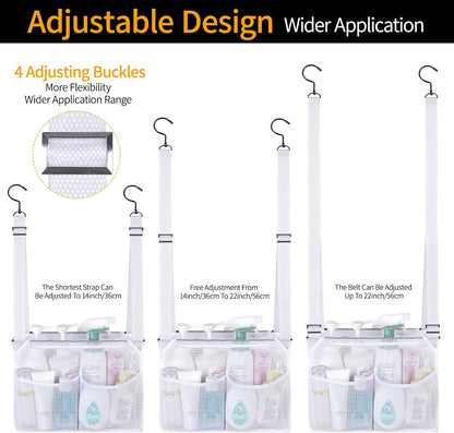 4 Storage Pockets Adjustable Hanging Mesh Bathroom Bag, Shower Caddy College with Hooks, Applied to College Dorm Rooms, Gym, Swimming and RV Travel (White)