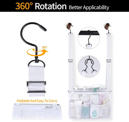 4 Storage Pockets Adjustable Hanging Mesh Bathroom Bag, Shower Caddy College with Hooks, Applied to College Dorm Rooms, Gym, Swimming and RV Travel (White)