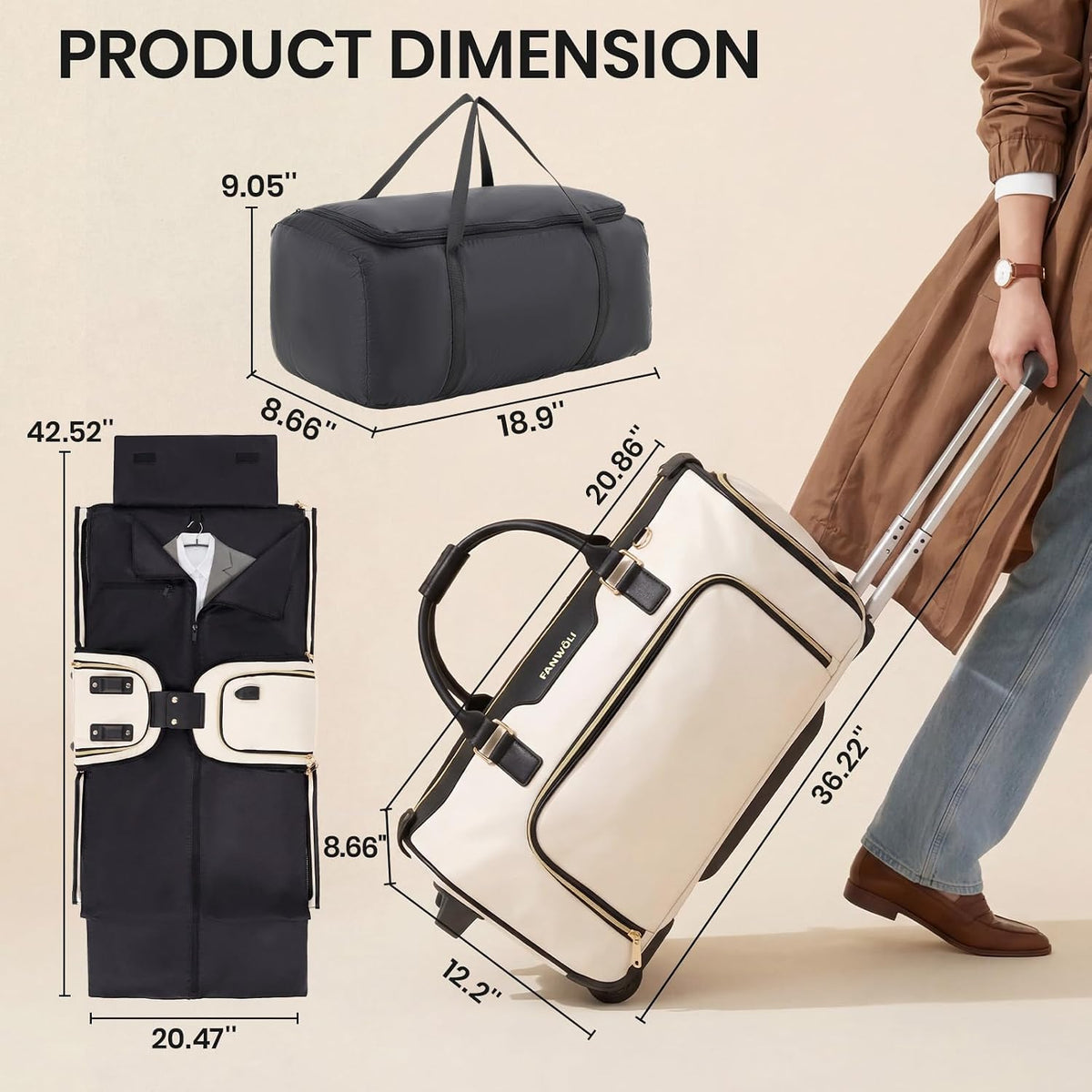 Carry-On Rolling Garment Bag for Travel, 3-in-1 Wheeled Luggage with Shoe Storage & Detachable Organizer, Convertible Duffel Bag for Men Women Business Trips Weekender, Wrinkle-Free (Pink)