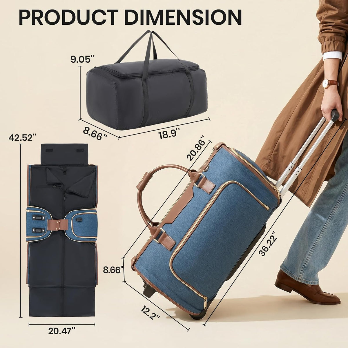 Carry-On Rolling Garment Bag for Travel, 3-in-1 Wheeled Luggage with Shoe Storage & Detachable Organizer, Convertible Duffel Bag for Men Women Business Trips Weekender, Wrinkle-Free (Pink)