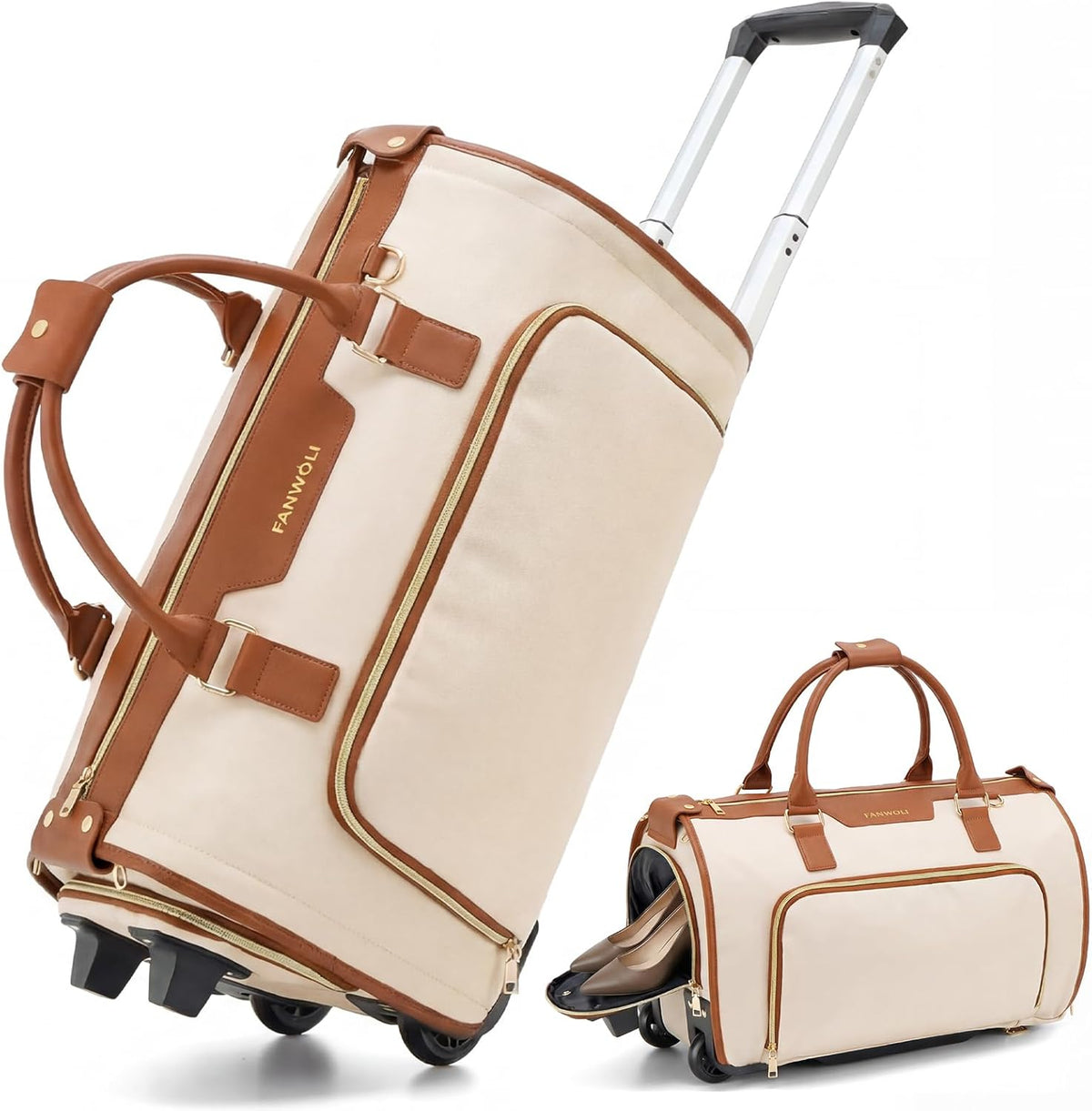 Carry-On Rolling Garment Bag for Travel, 3-in-1 Wheeled Luggage with Shoe Storage & Detachable Organizer, Convertible Duffel Bag for Men Women Business Trips Weekender, Wrinkle-Free (Pink)