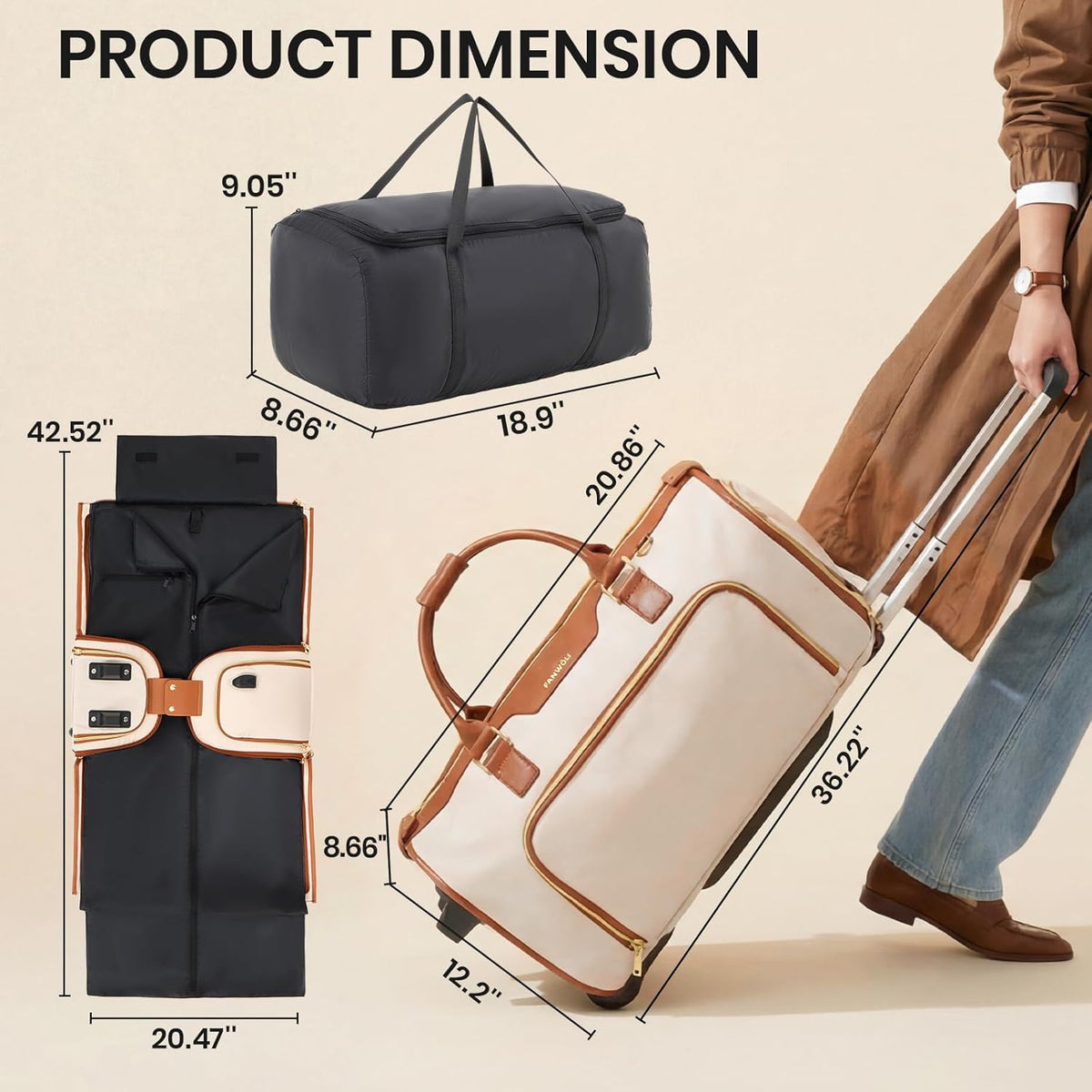 Carry-On Rolling Garment Bag for Travel, 3-in-1 Wheeled Luggage with Shoe Storage & Detachable Organizer, Convertible Duffel Bag for Men Women Business Trips Weekender, Wrinkle-Free (Pink)