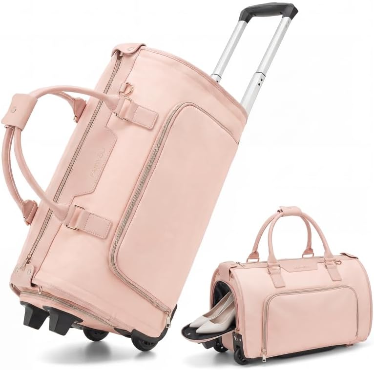Carry-On Rolling Garment Bag for Travel, 3-in-1 Wheeled Luggage with Shoe Storage & Detachable Organizer, Convertible Duffel Bag for Men Women Business Trips Weekender, Wrinkle-Free (Pink)