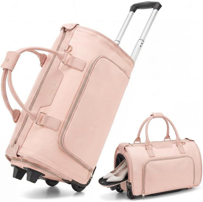 Carry-On Rolling Garment Bag for Travel, 3-in-1 Wheeled Luggage with Shoe Storage & Detachable Organizer, Convertible Duffel Bag for Men Women Business Trips Weekender, Wrinkle-Free (Pink)