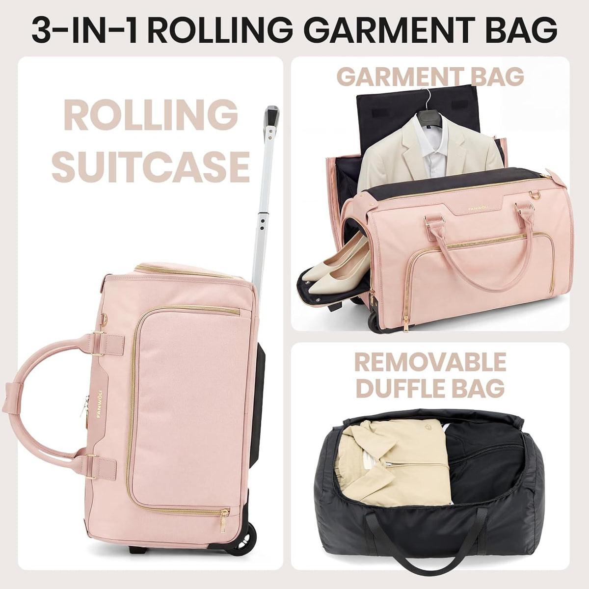 Carry-On Rolling Garment Bag for Travel, 3-in-1 Wheeled Luggage with Shoe Storage & Detachable Organizer, Convertible Duffel Bag for Men Women Business Trips Weekender, Wrinkle-Free (Pink)