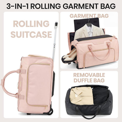 Carry-On Rolling Garment Bag for Travel, 3-in-1 Wheeled Luggage with Shoe Storage & Detachable Organizer, Convertible Duffel Bag for Men Women Business Trips Weekender, Wrinkle-Free (Pink)