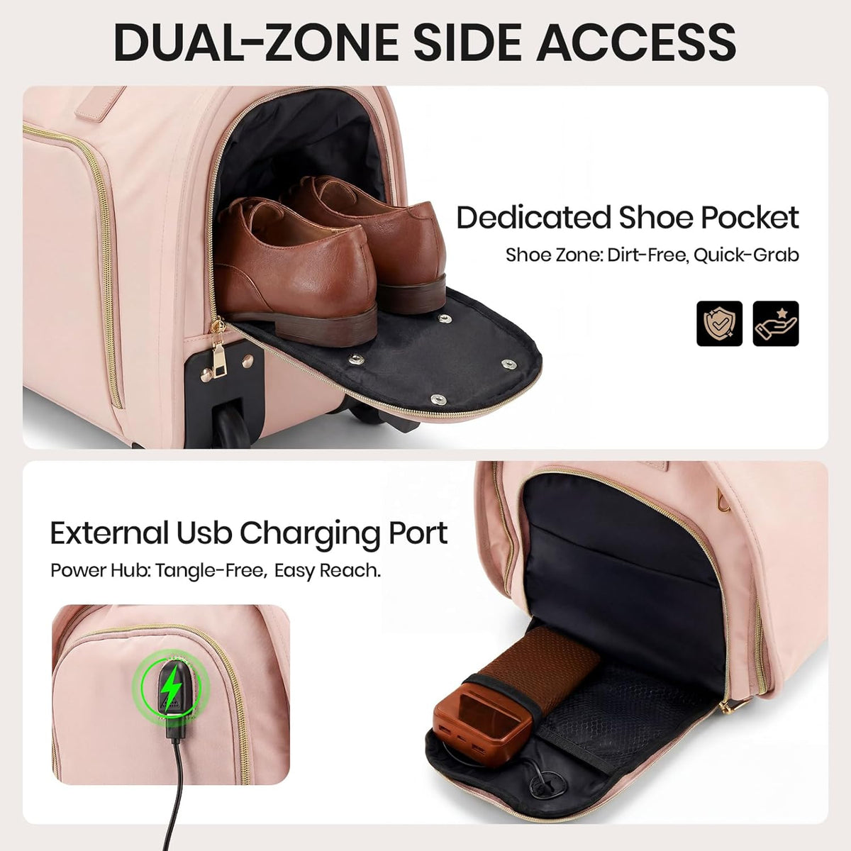 Carry-On Rolling Garment Bag for Travel, 3-in-1 Wheeled Luggage with Shoe Storage & Detachable Organizer, Convertible Duffel Bag for Men Women Business Trips Weekender, Wrinkle-Free (Pink)