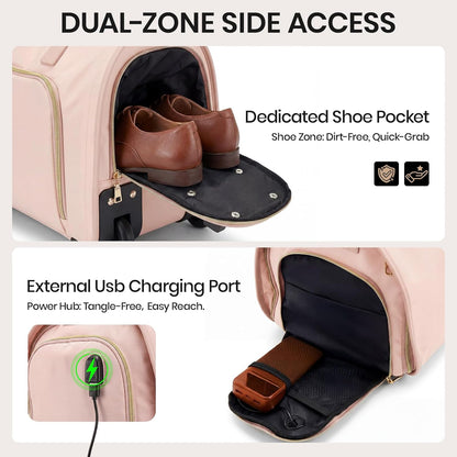 Carry-On Rolling Garment Bag for Travel, 3-in-1 Wheeled Luggage with Shoe Storage & Detachable Organizer, Convertible Duffel Bag for Men Women Business Trips Weekender, Wrinkle-Free (Pink)