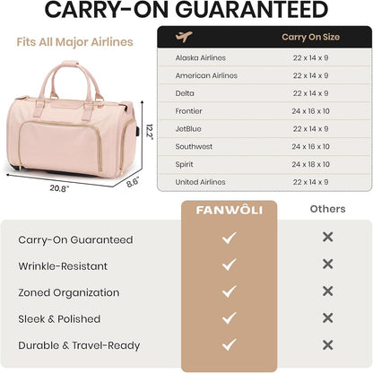 Carry-On Rolling Garment Bag for Travel, 3-in-1 Wheeled Luggage with Shoe Storage & Detachable Organizer, Convertible Duffel Bag for Men Women Business Trips Weekender, Wrinkle-Free (Pink)