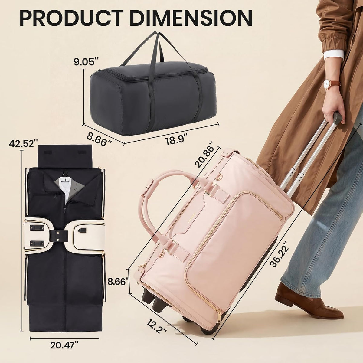 Carry-On Rolling Garment Bag for Travel, 3-in-1 Wheeled Luggage with Shoe Storage & Detachable Organizer, Convertible Duffel Bag for Men Women Business Trips Weekender, Wrinkle-Free (Pink)