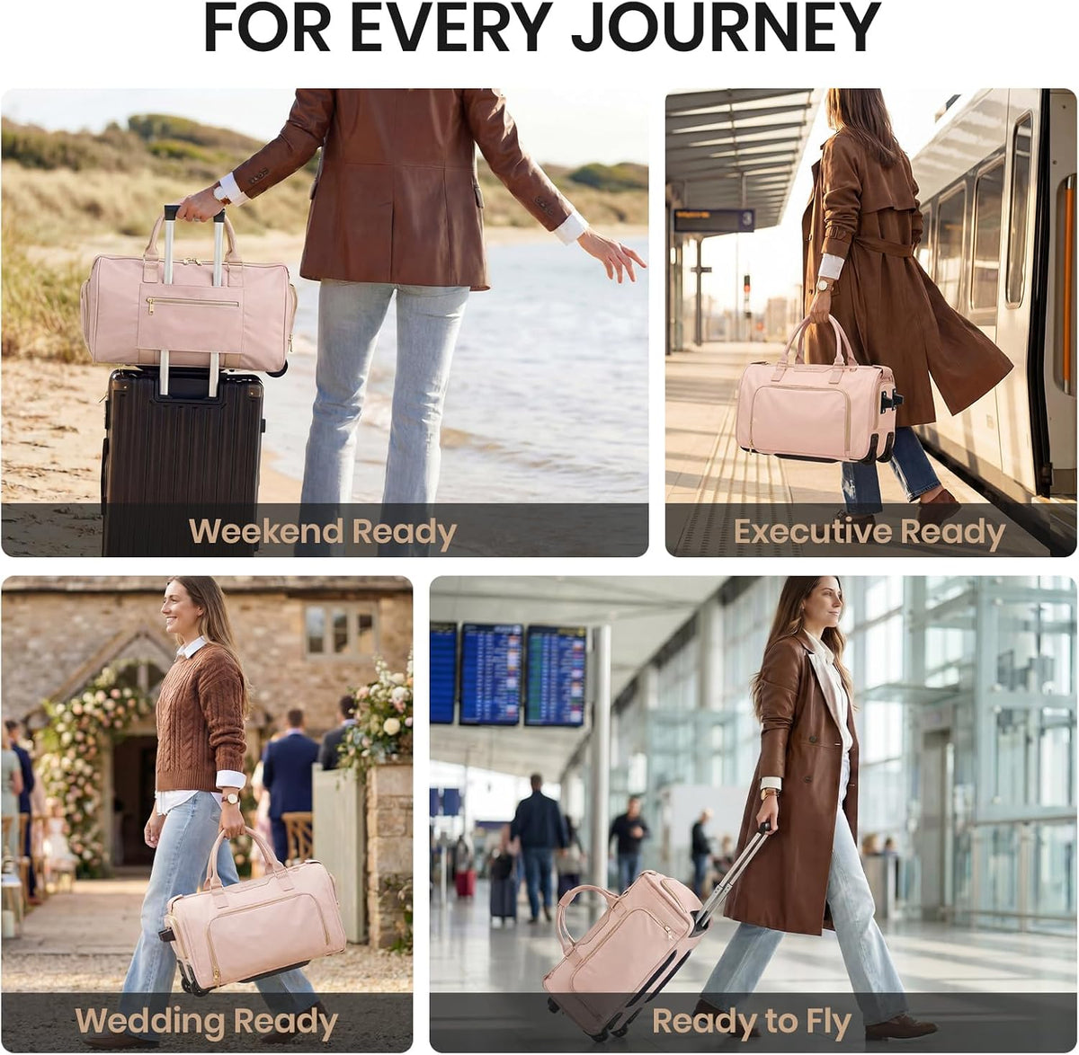 Carry-On Rolling Garment Bag for Travel, 3-in-1 Wheeled Luggage with Shoe Storage & Detachable Organizer, Convertible Duffel Bag for Men Women Business Trips Weekender, Wrinkle-Free (Pink)