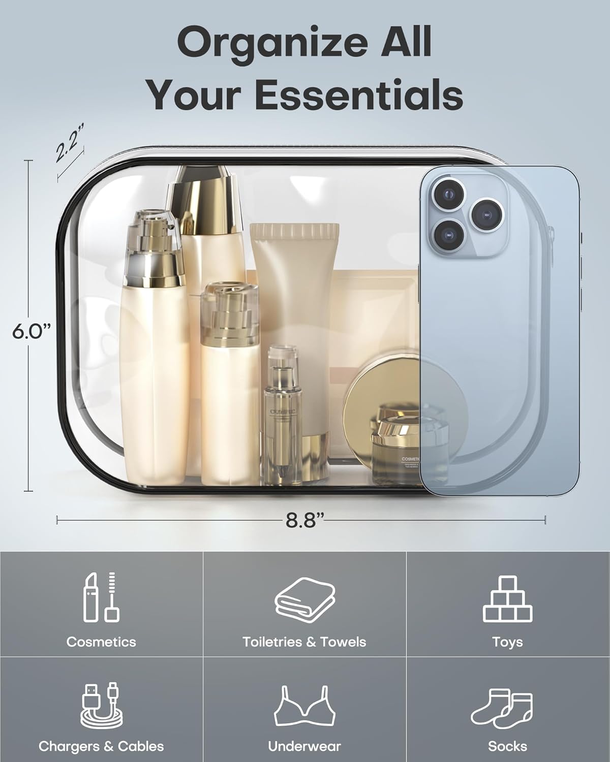 Clear Toiletry Bag for Men & Women - TSA Approved Travel Essentials, Waterproof PVC Zippered Makeup Bag for Gym, Airplane & Daily Use, 8.8" x 6.0" x 2.2"