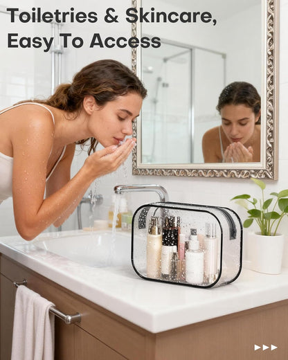 Clear Toiletry Bag for Men & Women - TSA Approved Travel Essentials, Waterproof PVC Zippered Makeup Bag for Gym, Airplane & Daily Use, 8.8" x 6.0" x 2.2"