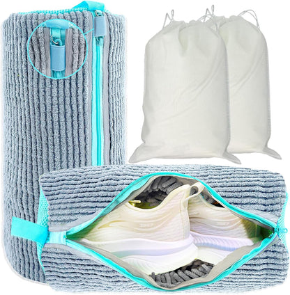 2 Pack Chenille Laundry Bag for Sneaker Cleaner 17 x 7.5 Inch | Two pack laundry bag for shoe washing machine, chenille lining for washer and dryer, auto-lock zipper, shoe bags for travel