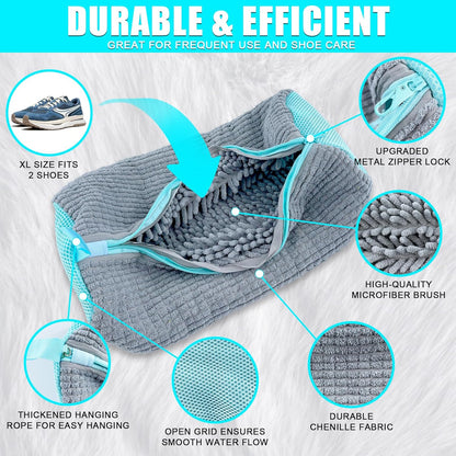 2 Pack Chenille Laundry Bag for Sneaker Cleaner 17 x 7.5 Inch | Two pack laundry bag for shoe washing machine, chenille lining for washer and dryer, auto-lock zipper, shoe bags for travel
