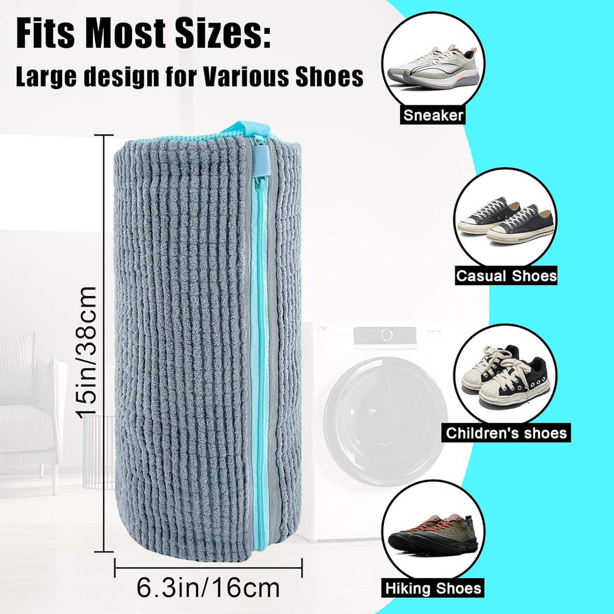 2 Pack Chenille Laundry Bag for Sneaker Cleaner 17 x 7.5 Inch | Two pack laundry bag for shoe washing machine, chenille lining for washer and dryer, auto-lock zipper, shoe bags for travel