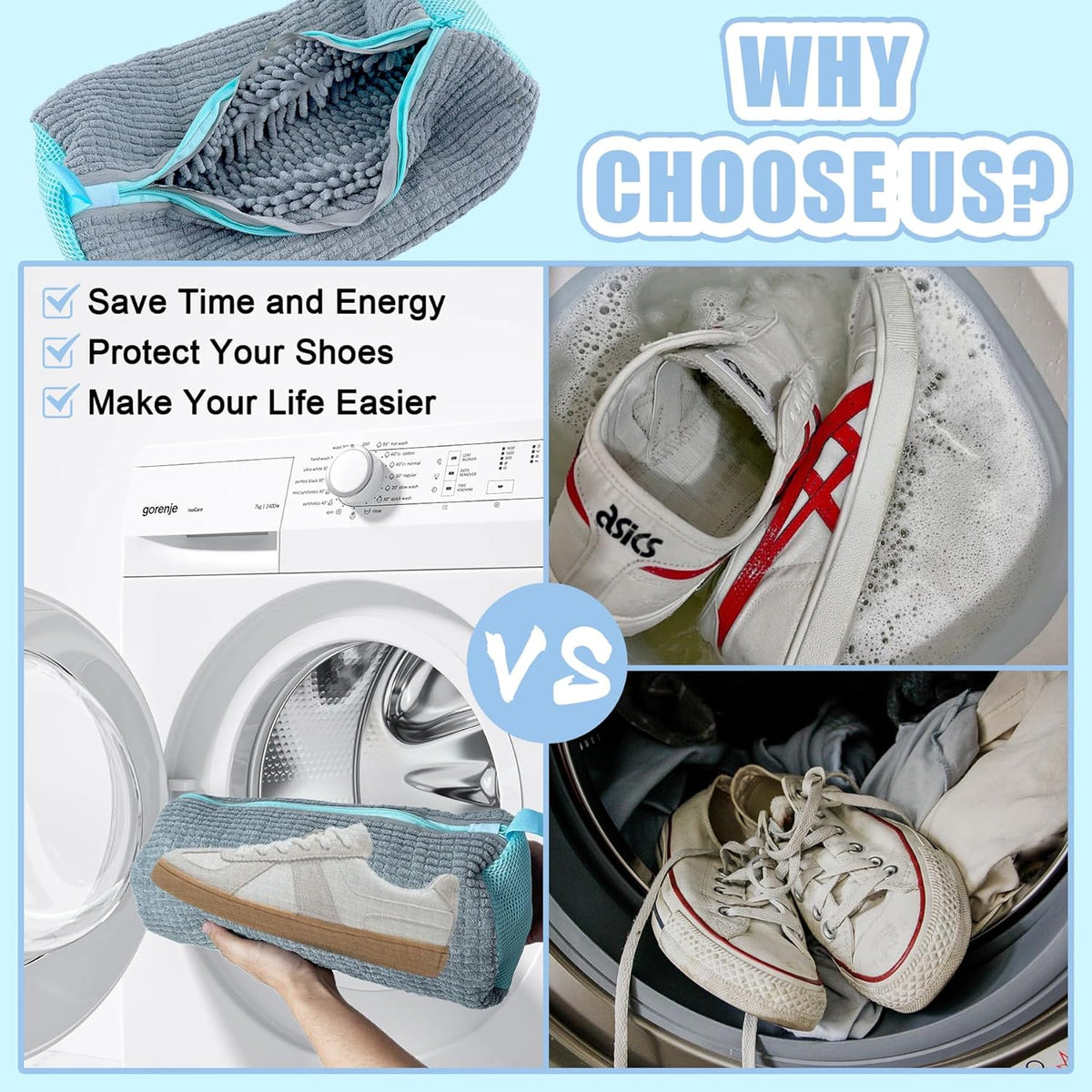 2 Pack Chenille Laundry Bag for Sneaker Cleaner 17 x 7.5 Inch | Two pack laundry bag for shoe washing machine, chenille lining for washer and dryer, auto-lock zipper, shoe bags for travel
