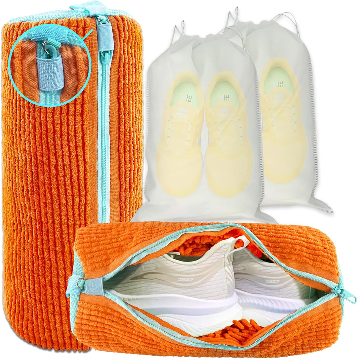 2 Pack Chenille Laundry Bag for Sneaker Cleaner 17 x 7.5 Inch | Two pack laundry bag for shoe washing machine, chenille lining for washer and dryer, auto-lock zipper, shoe bags for travel