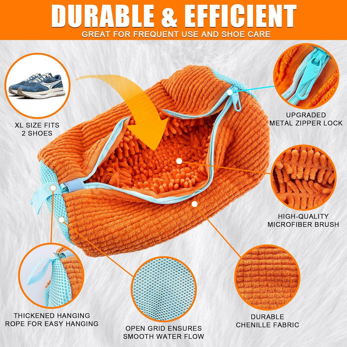 2 Pack Chenille Laundry Bag for Sneaker Cleaner 17 x 7.5 Inch | Two pack laundry bag for shoe washing machine, chenille lining for washer and dryer, auto-lock zipper, shoe bags for travel