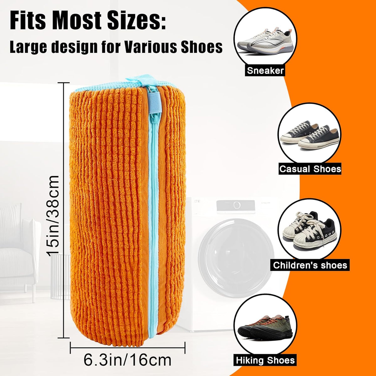 2 Pack Chenille Laundry Bag for Sneaker Cleaner 17 x 7.5 Inch | Two pack laundry bag for shoe washing machine, chenille lining for washer and dryer, auto-lock zipper, shoe bags for travel