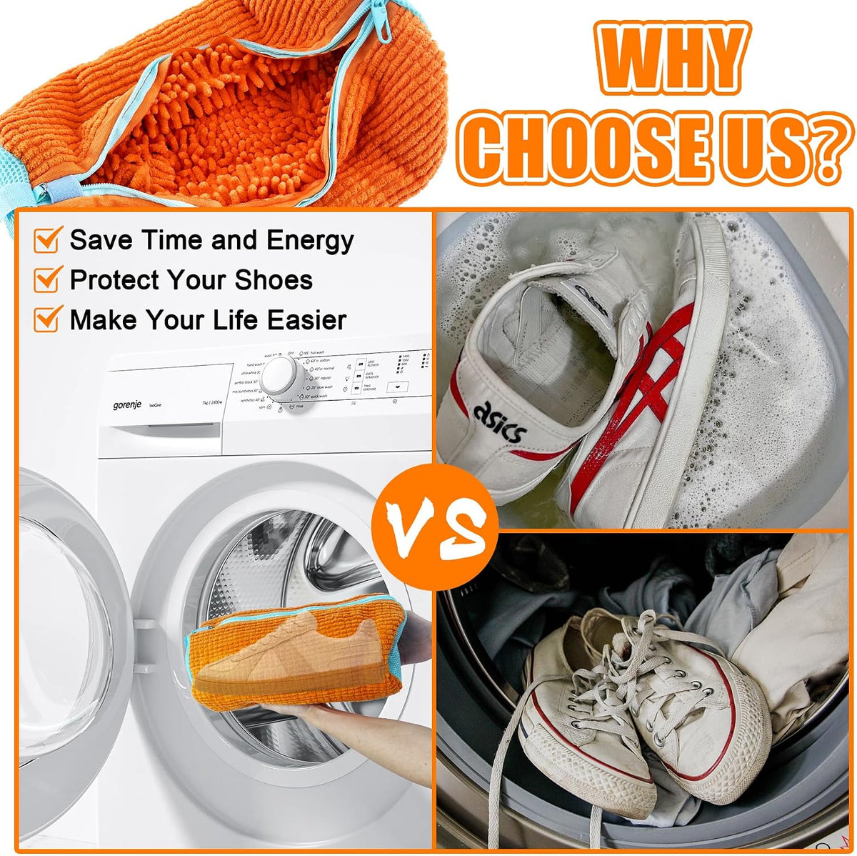 2 Pack Chenille Laundry Bag for Sneaker Cleaner 17 x 7.5 Inch | Two pack laundry bag for shoe washing machine, chenille lining for washer and dryer, auto-lock zipper, shoe bags for travel