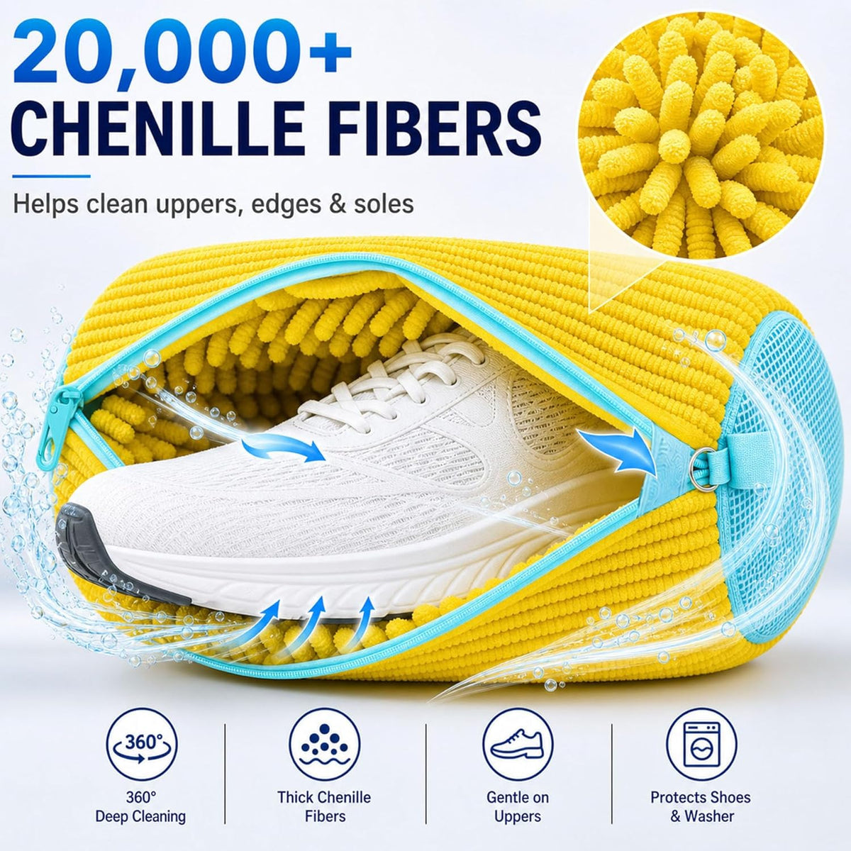 2 Pack Chenille Laundry Bag for Sneaker Cleaner 17 x 7.5 Inch | Two pack laundry bag for shoe washing machine, chenille lining for washer and dryer, auto-lock zipper, shoe bags for travel