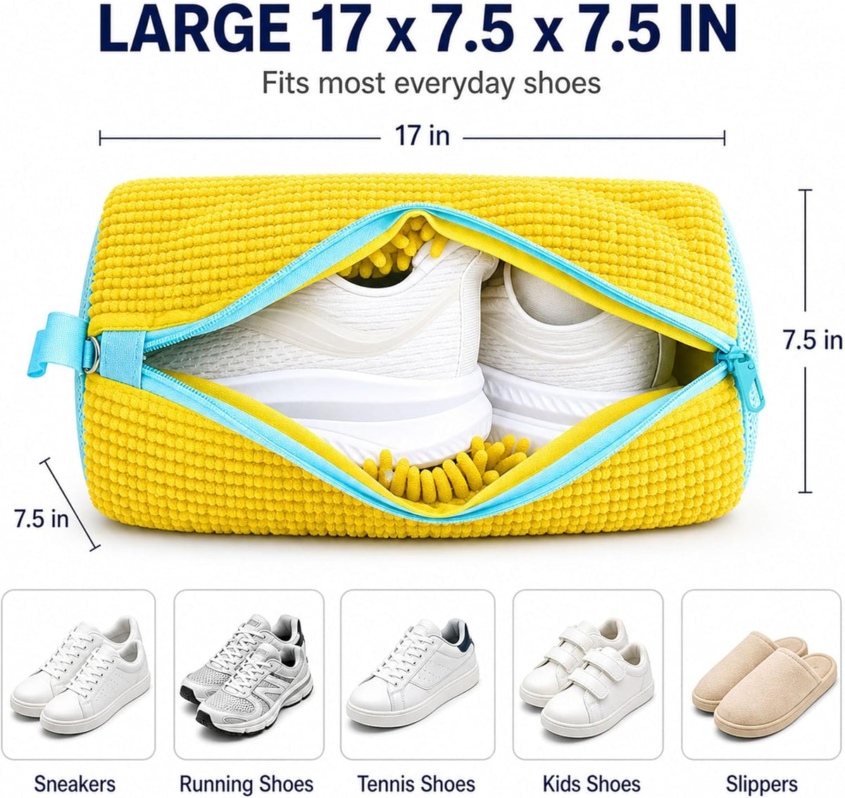2 Pack Chenille Laundry Bag for Sneaker Cleaner 17 x 7.5 Inch | Two pack laundry bag for shoe washing machine, chenille lining for washer and dryer, auto-lock zipper, shoe bags for travel