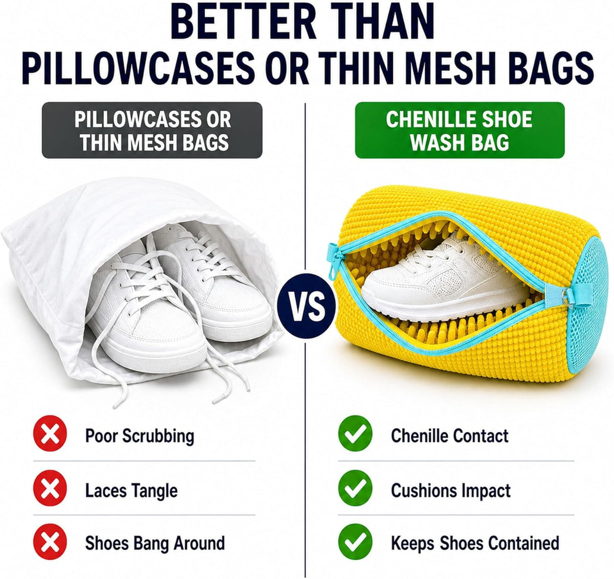 2 Pack Chenille Laundry Bag for Sneaker Cleaner 17 x 7.5 Inch | Two pack laundry bag for shoe washing machine, chenille lining for washer and dryer, auto-lock zipper, shoe bags for travel