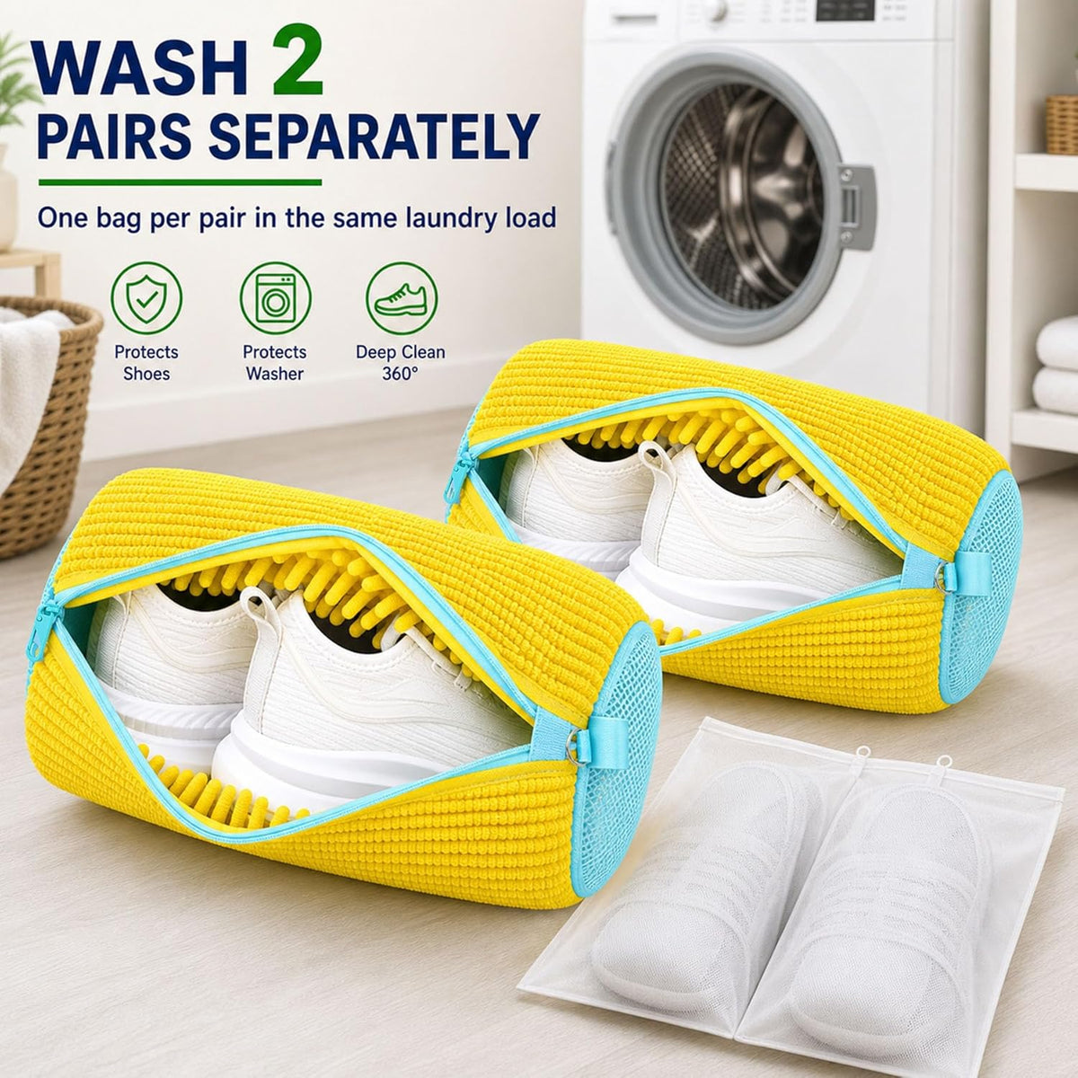 2 Pack Chenille Laundry Bag for Sneaker Cleaner 17 x 7.5 Inch | Two pack laundry bag for shoe washing machine, chenille lining for washer and dryer, auto-lock zipper, shoe bags for travel