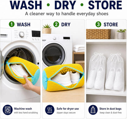 2 Pack Chenille Laundry Bag for Sneaker Cleaner 17 x 7.5 Inch | Two pack laundry bag for shoe washing machine, chenille lining for washer and dryer, auto-lock zipper, shoe bags for travel