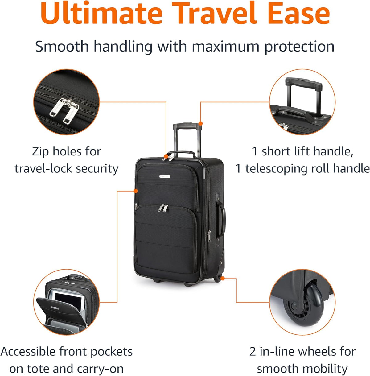 Softside Luggage Set, 23-Inch Expandable Suitcase with Wheels and 15-Inch Tote, Extra Space (+15%), Front Pockets, Telescopic Handle, Navy Blue